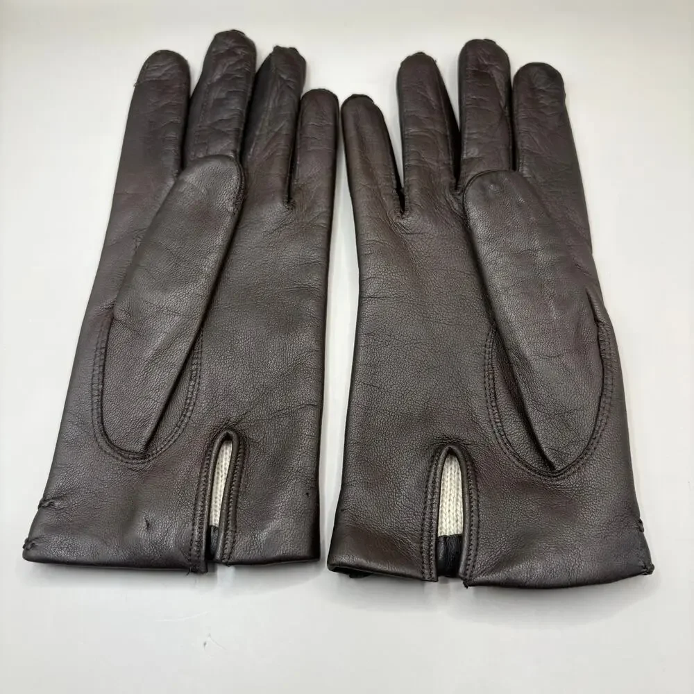 VTG Leather‎ Gloves Sz 7 Brown Knit Fabric Lined Unbranded Braided Embellished